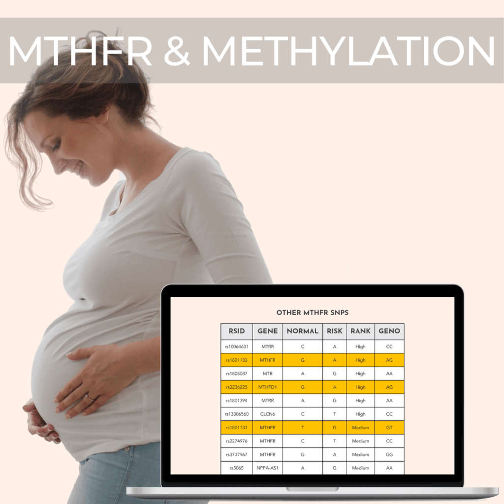 Image showing a pregnant woman standing near a laptop showing sample results for MTHFR gene mutation