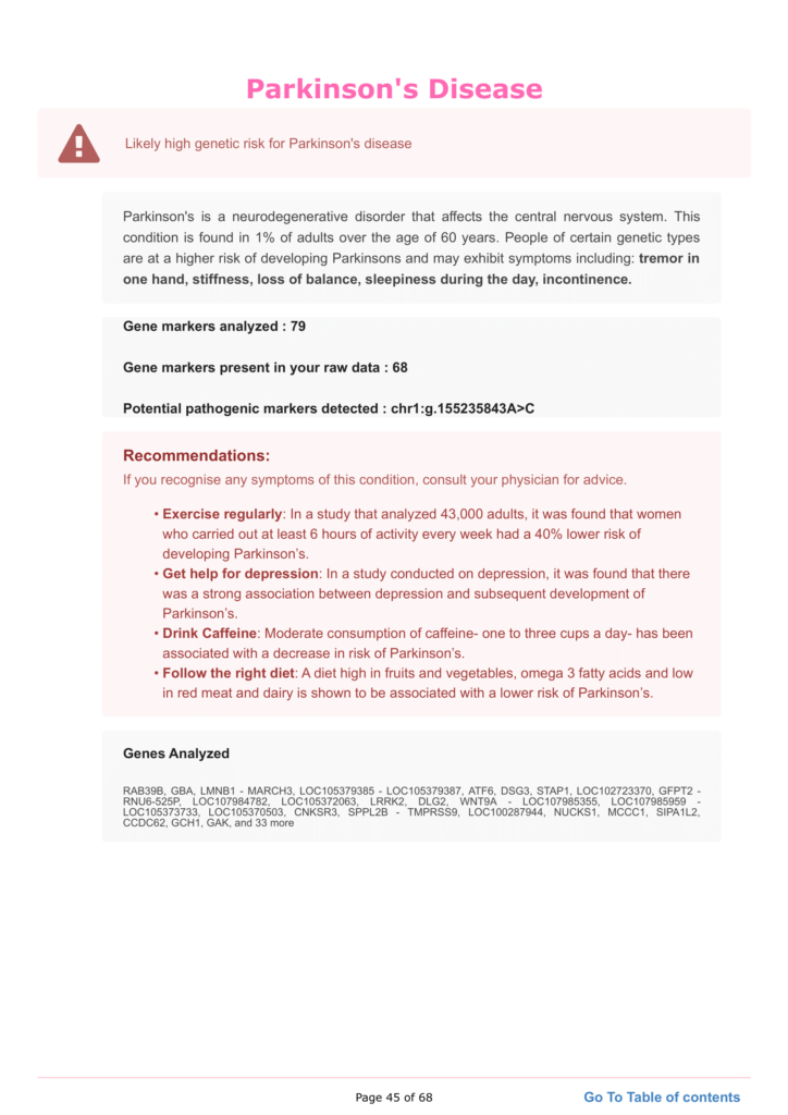 Image showing a section of the xcode life health report with sample results for Parkinson's disease.