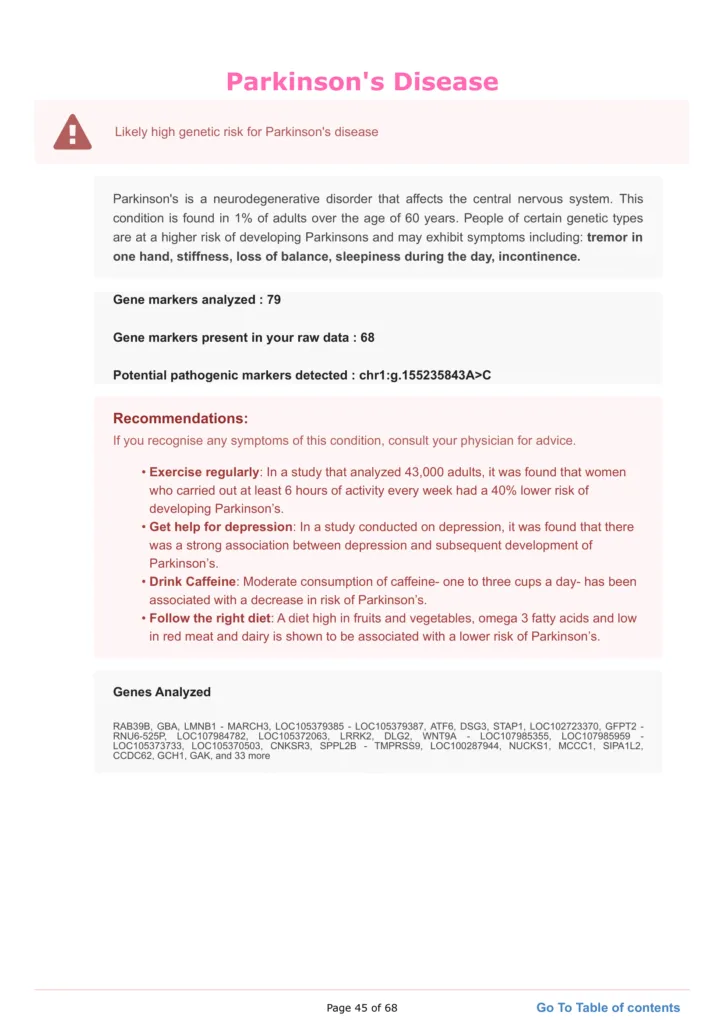 Image showing a section of the xcode life health report with sample results for Parkinson's disease.