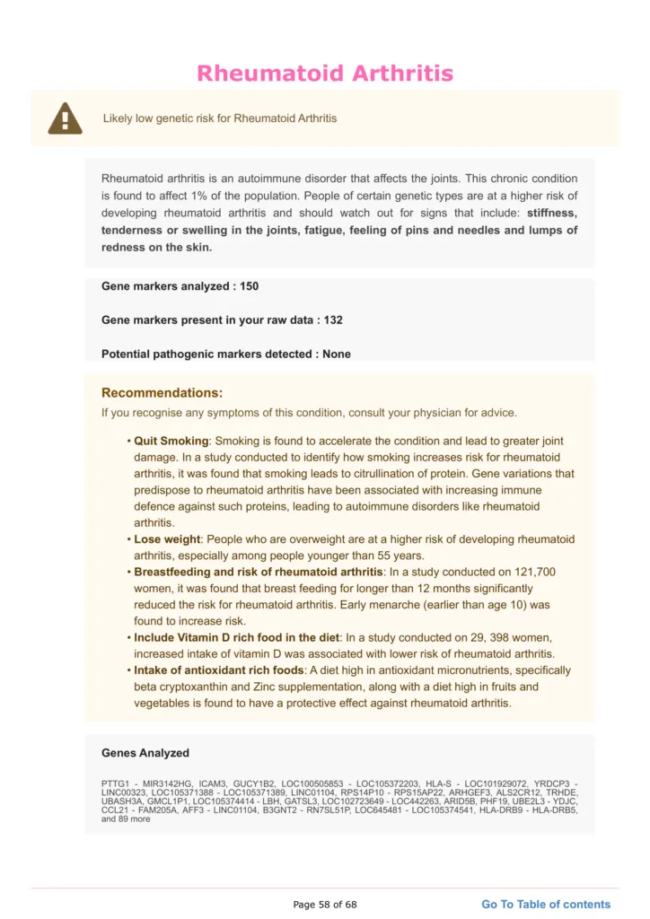 Section of the xcode life health report showing sample results for arthritis