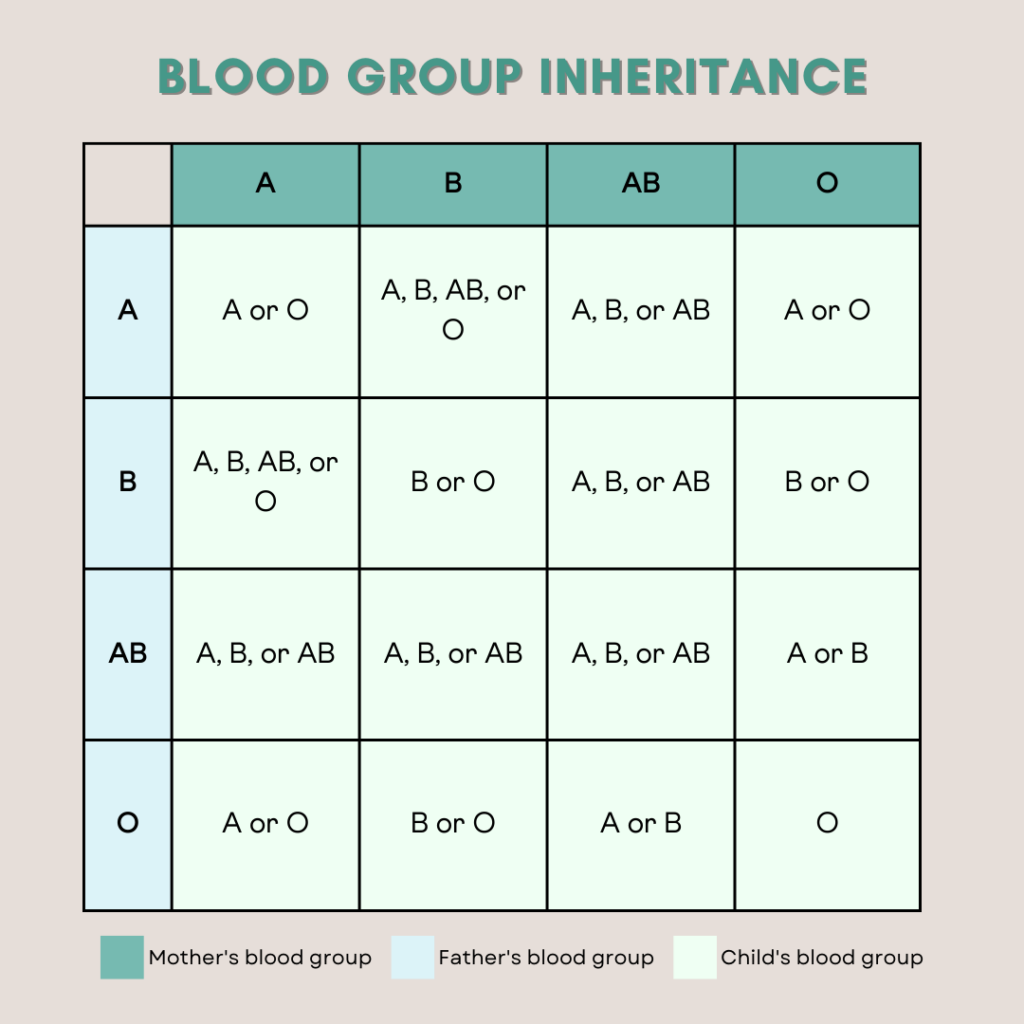 O Blood Type Diet: How's blood type inherited? A and B groups are said to be produced by dominant genes. So only one copy of A or B from either parent is enough for the child to have respective blood group. O blood group is coded by a recessive gene. Each parent must pass on a copy of O allele for the child to have O blood group.