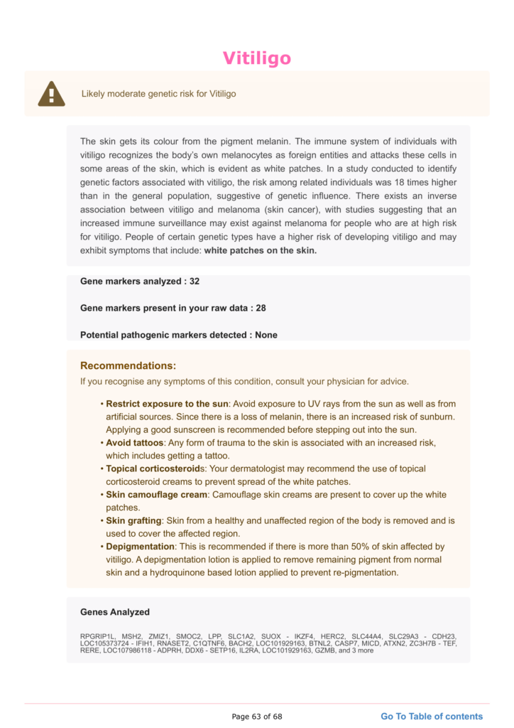 Picture showing a section of the Xcode Life Health report with sample result for vitiligo