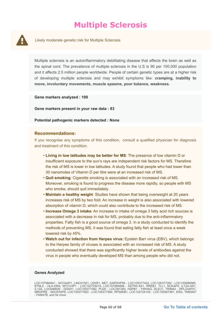 A section of the xcode life report showing sample results for multiple schlerosis