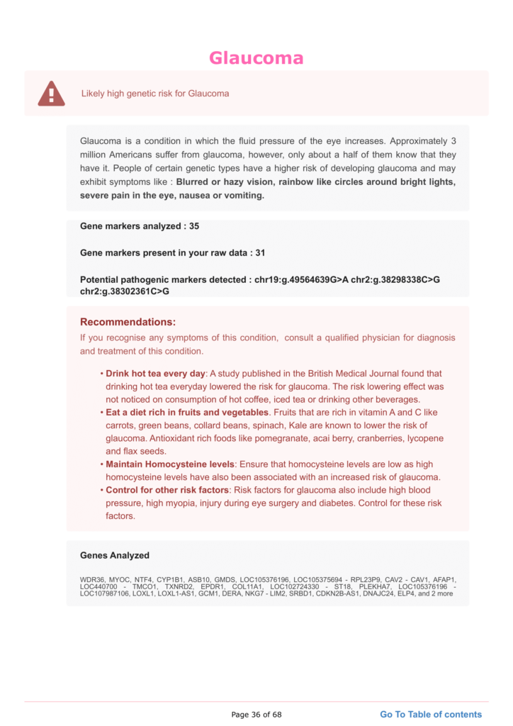 Corneal Thickness and Glaucoma: A sample genetic report for glaucoma revealing a high genetic risk. 