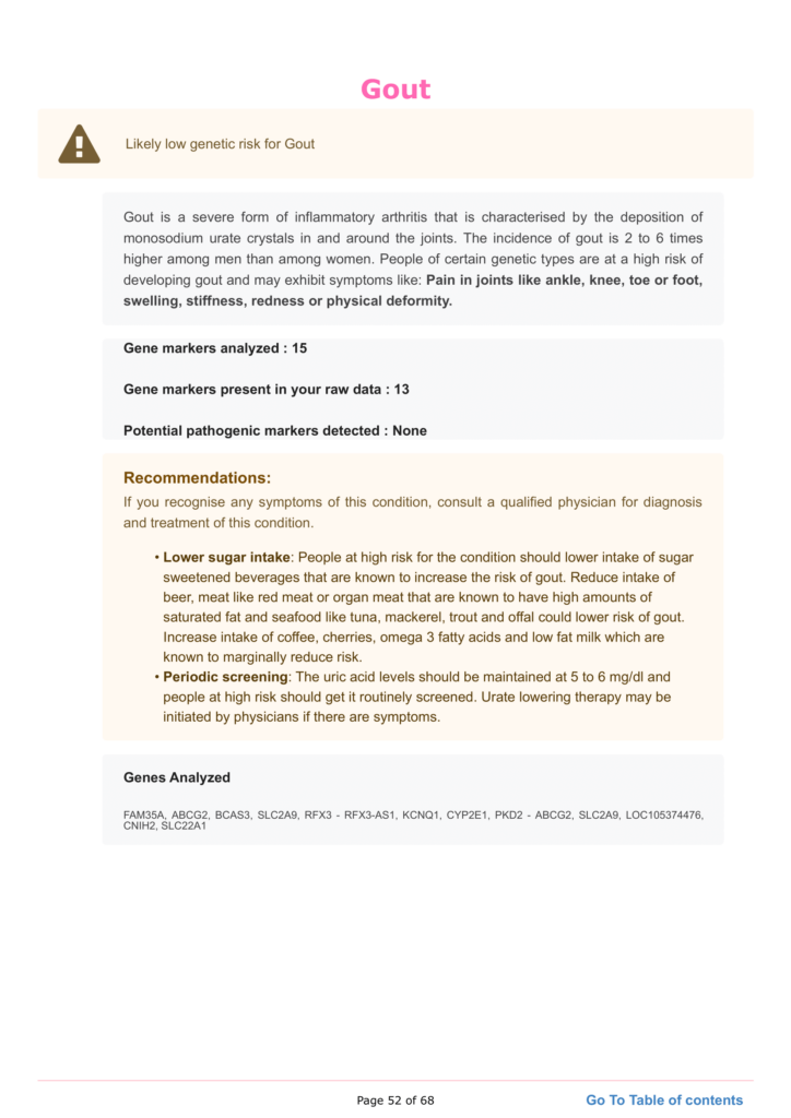 A section of the xcode life health report showing sample results for gout