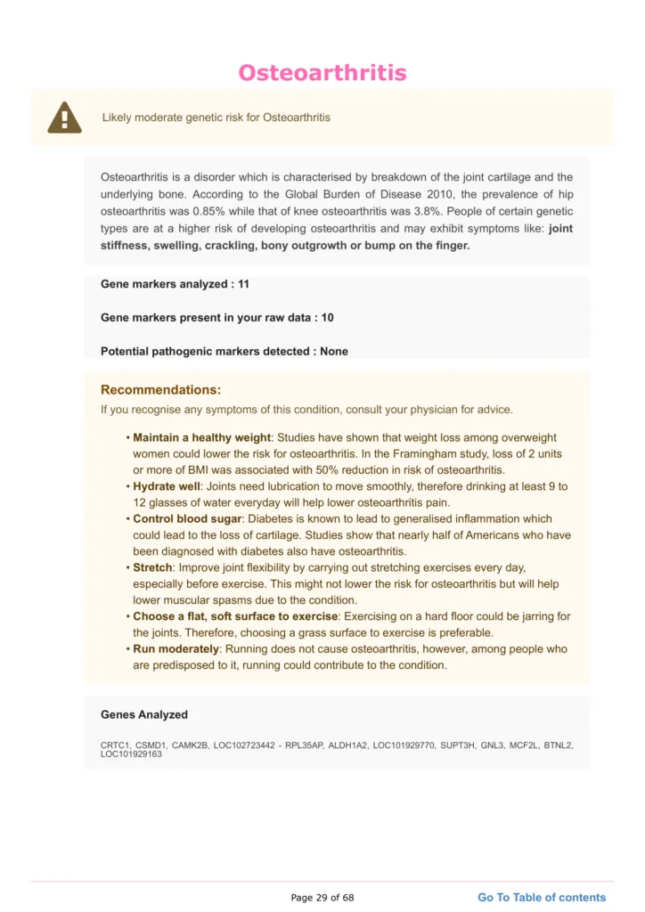 Section of the Xcode Life reports showing a sample result of osteoarthritis