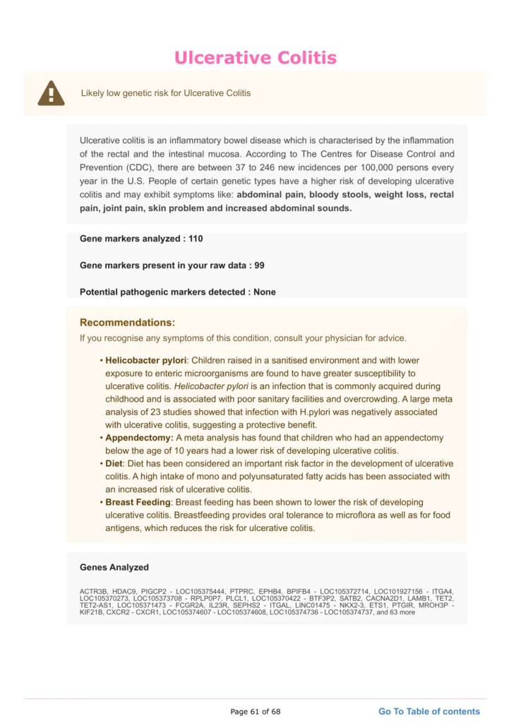 Image showing a section of the Xcode Life health report with sample results for ulcerative colitis