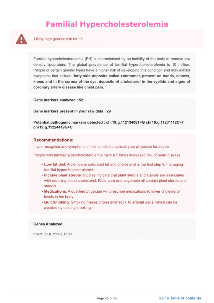 Image showing a section of the Xcode Life health report with sample results for familial hypocholesterolemia