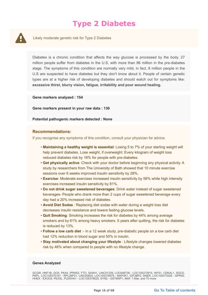 Image showing a section of the Xcode Life health report with sample results for type 2 diabetes