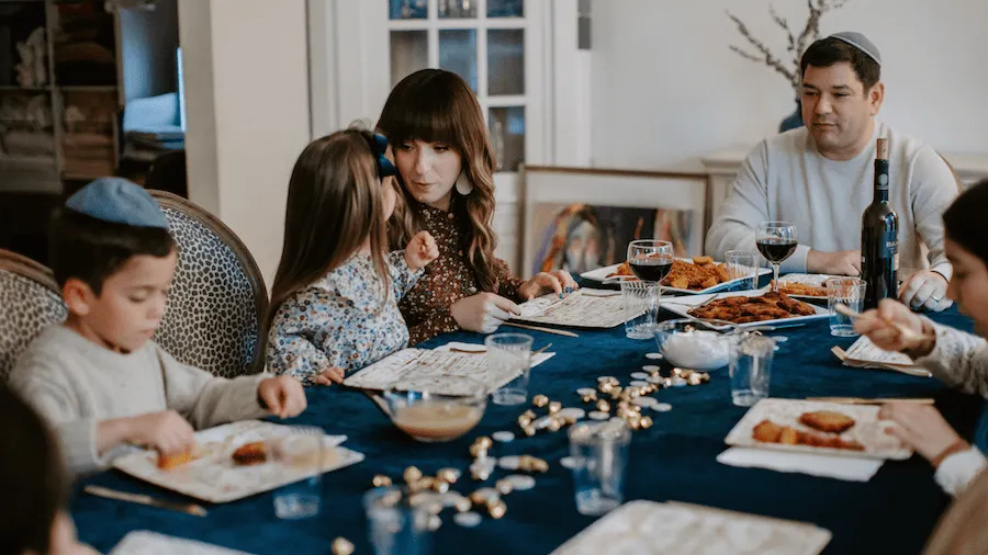 A Jewish family celebrating Hanukkah