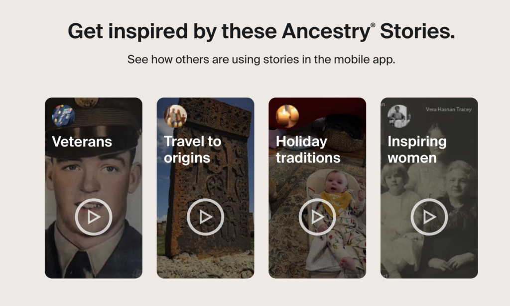 how to login to ancestryDNA: May 2023 updates include Storymaker studio. The image depicts how different people have used this tool to create different ancestry stories