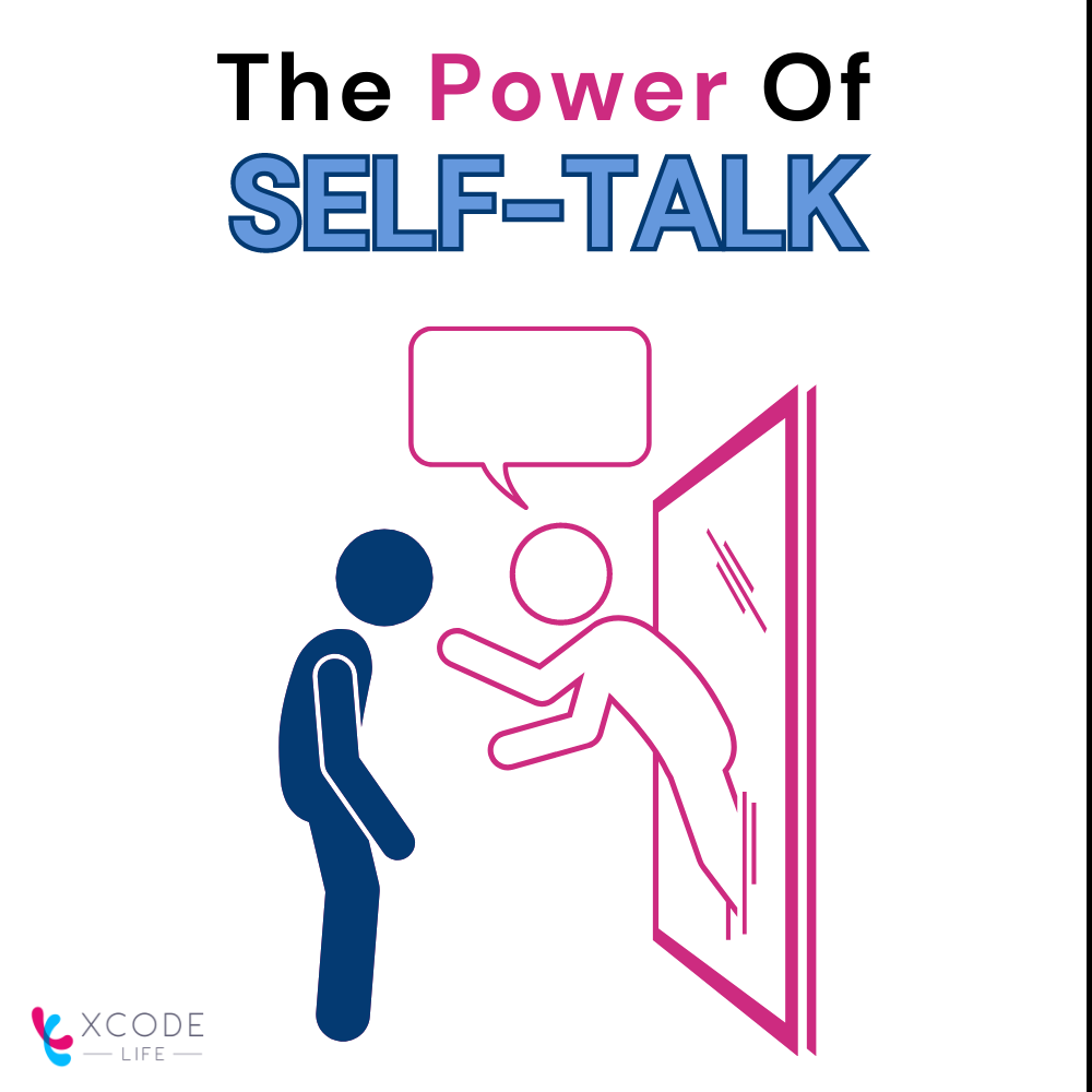 What is self talk? The image show a stick figure of a human in dark blue color engaging in self talk with their mirror reflection in pink color.
