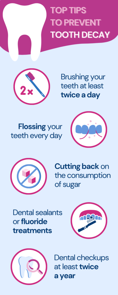 Are cavities genetic? An infographic providing useful tips on preventing tooth decay. Each point is represented as an icon followed by some text. 
