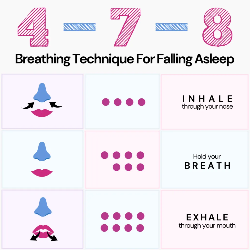 Instructions on how to do the 4-7-8 breathing technique to fall asleep faster 