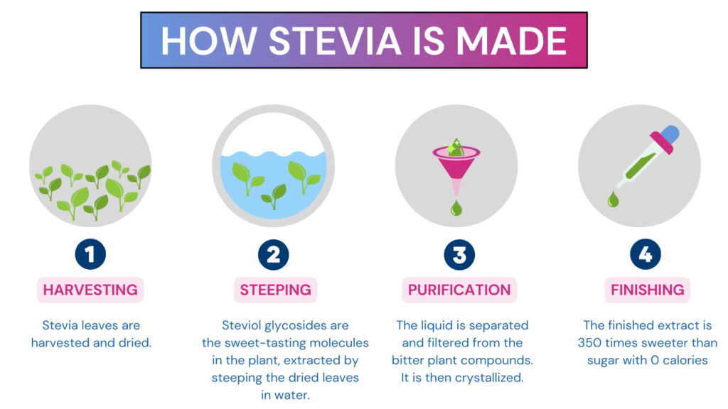 Truvia vs Stevia - 4 steps involved in making Stevia. Circular icons, followed by step number, step name, and step details arranged in a vertical manner.