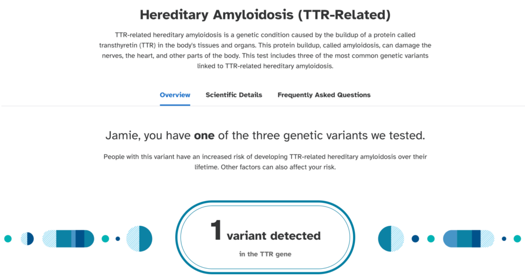 23andMe Hereditary Amyloidosis Report snippet