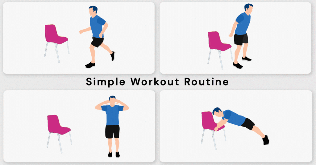 Cozy Cardio - This is an animated GIF with 4 simple workout including split squat, chair assist squats, standing side crunch, and chair assist push-up, 