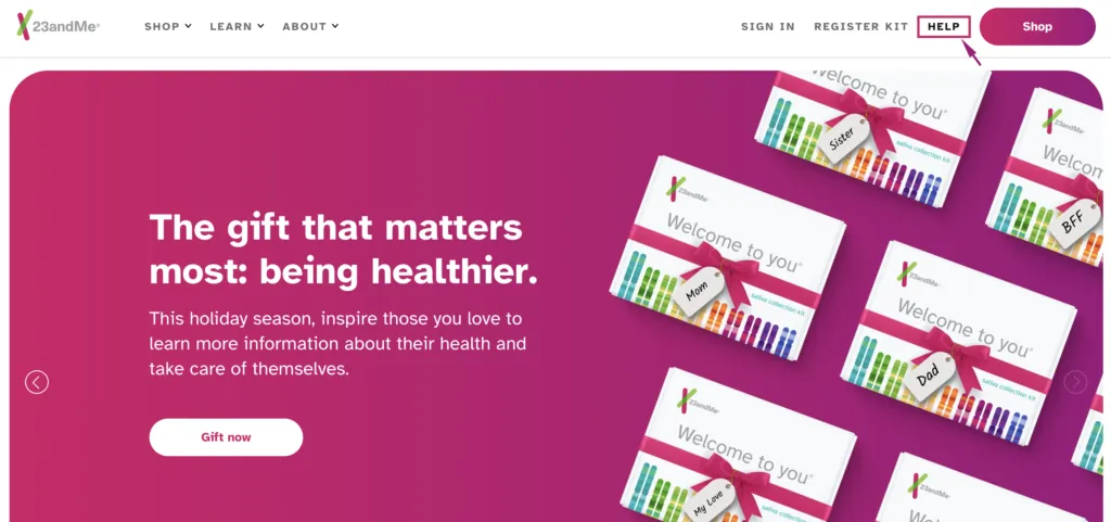 Screenshot of 23andMe home page, highlighting the "Help" button on the screen.