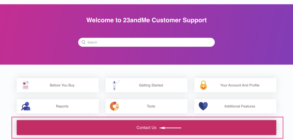 Screenshot of 23andMe customer support page, highlighting the "Contact Us" button on the screen.