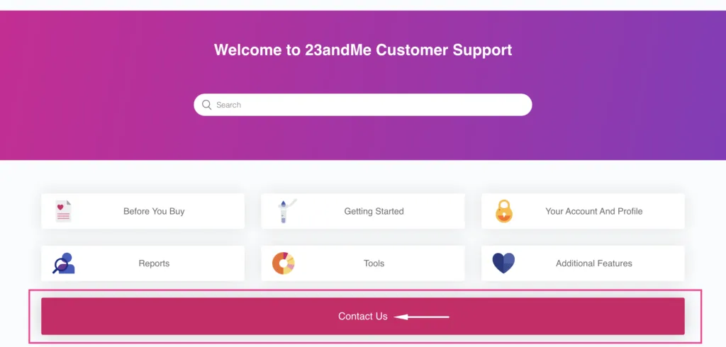 Screenshot of 23andMe customer support page, highlighting the "Contact Us" button on the screen.