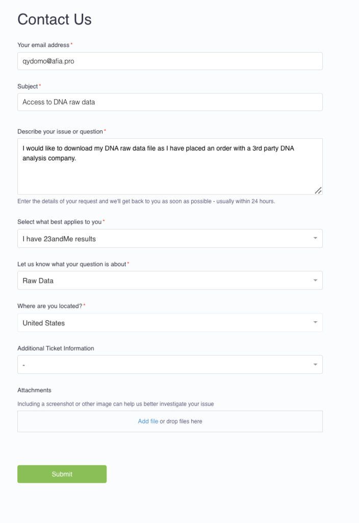 Screenshot of 23andMe contact us form page, with filled out details.