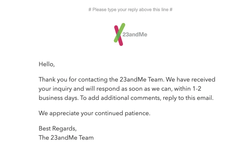 Email confirmation from 23andMe
