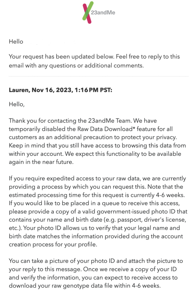 Email update from 23andMe regarding DNA raw data download