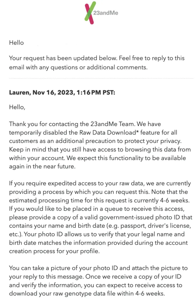 Email update from 23andMe regarding DNA raw data download
