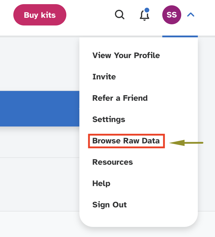 23andMe Raw Data Download - Step 3: Select browse DNA data. Highlighted using a red box and green arrow.