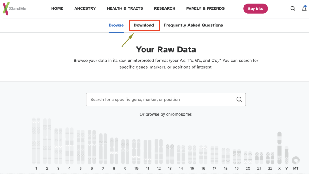 23andMe Raw Data Download - Step 4: Select download. Highlighted using a red box and green arrow.