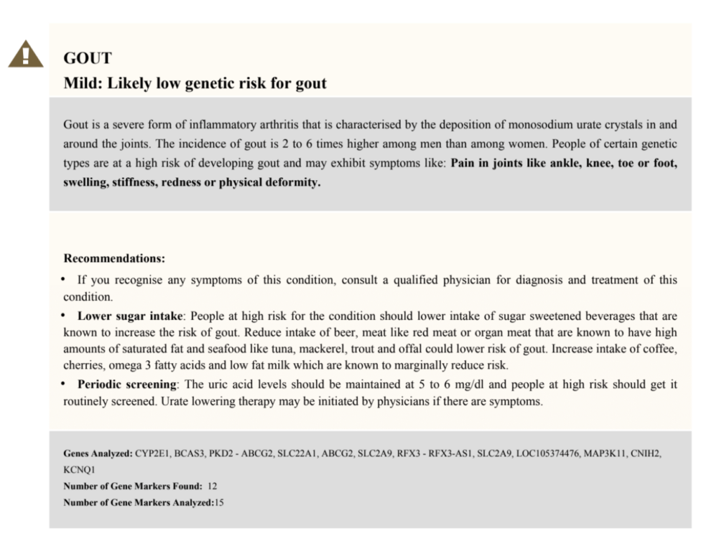 Gout Genetic Test: A section of the xcode life's gene health report showing sample results for gout