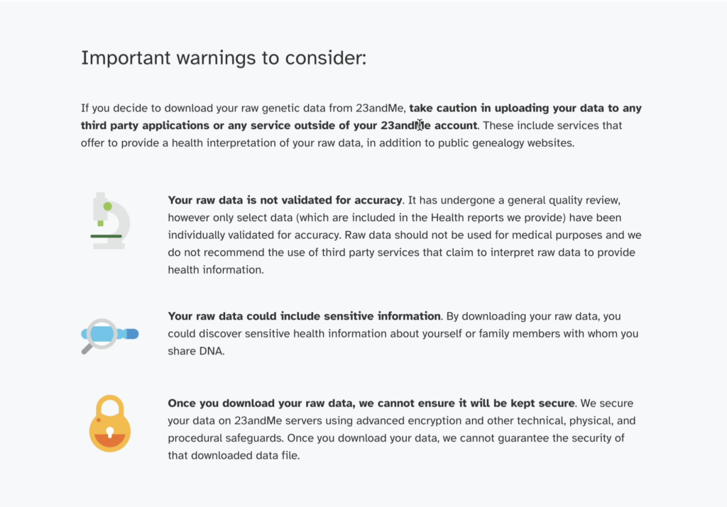 23andMe Raw Data Download - Step 5: Disclaimers and warnings displayed