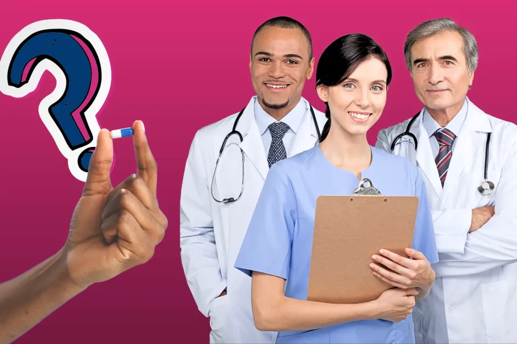 A hand holding a magnesium supplement. Three healthcare professionals standing. A question mark in the background. The image is intended to convey that experts are discussing the topic "does magnesium help with anxiety?"