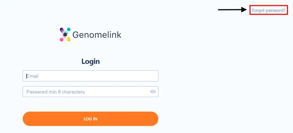 A screenshot of Genomelink's login page, highlighting the 'forgot password' button.