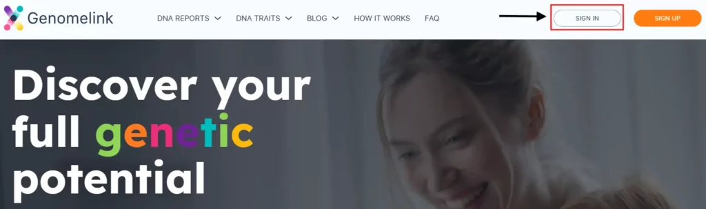 A screenshot highlighting the sign-in button on Genomelink's home page