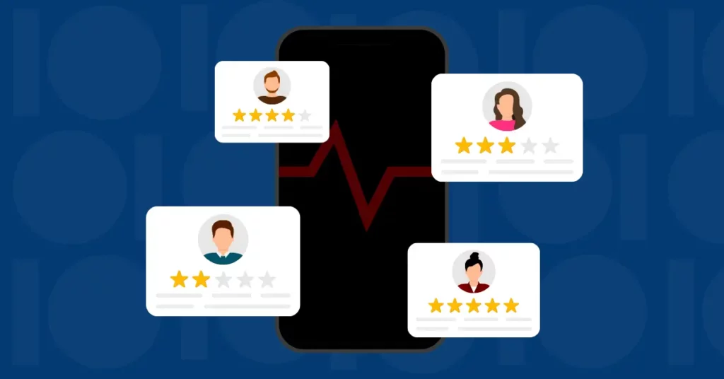 Review of 10x health system. The picture has 5 review pop-ups from a mobile phone. The background has multiple dark blue shpaes.