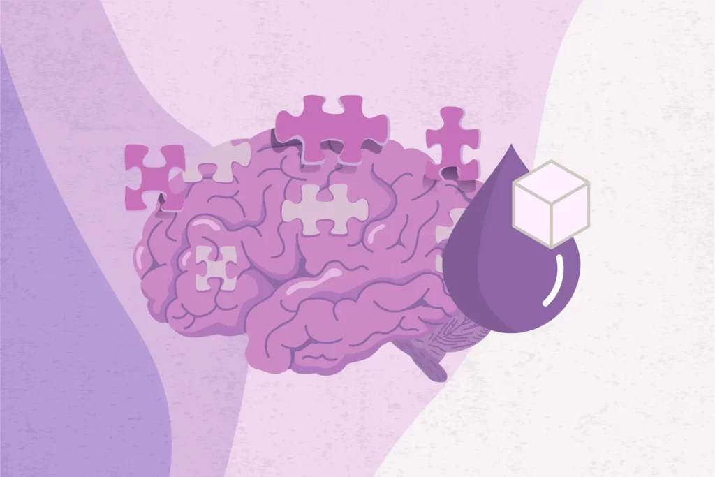 A graphic showing a stylized brain beside blood sugar levels, suggesting that Alzheimer's may be type 3 diabetes