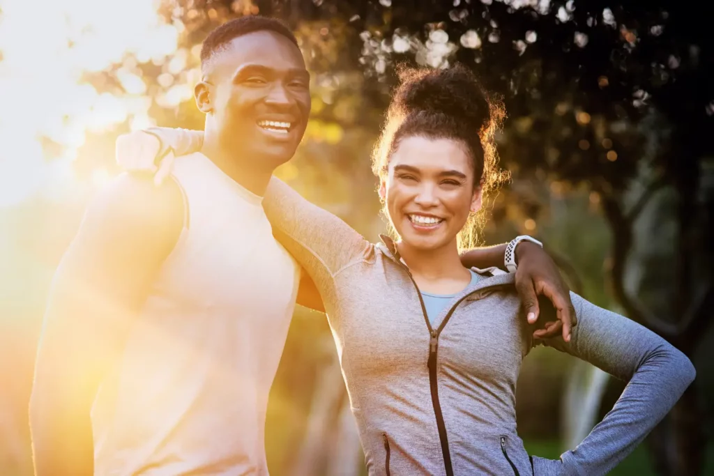 A young couple after their 30 minutes exercise following 30 grams of protein consumption as per Gary Brecka's diet