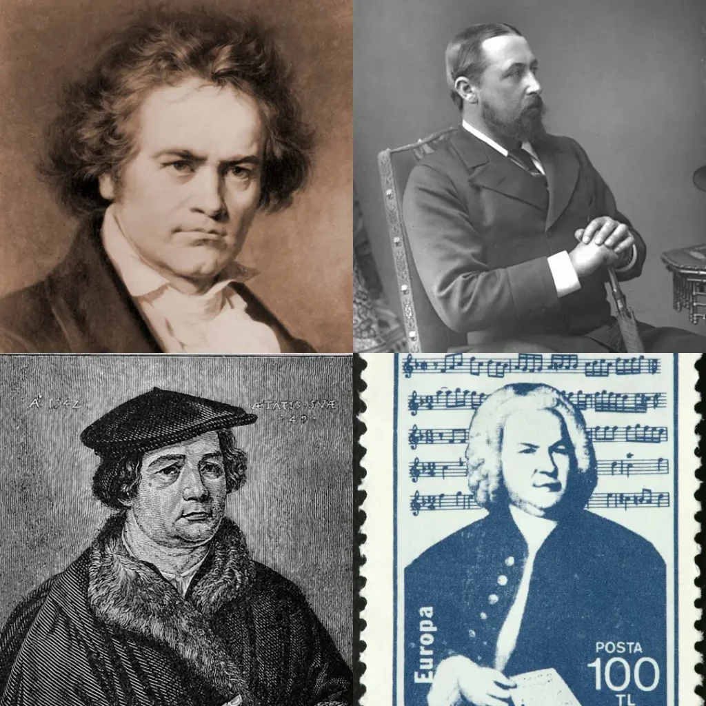 A collage showing Beethoven, Bach, Martin Luther and Albert Ernest- 4 famous people with German heritage.