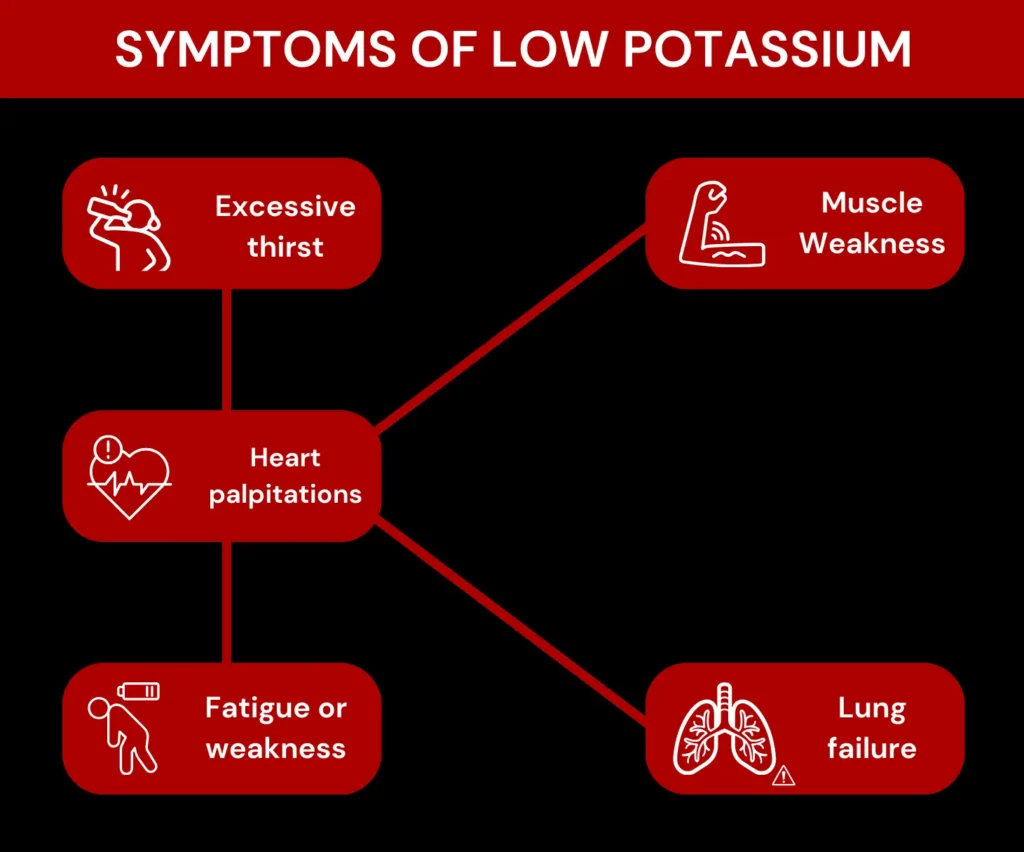 Infographic of symptoms of low potassium or hypokalemia.