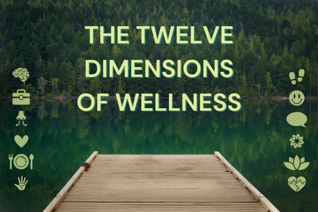 The 12 dimensions of wellness highlighted amidst a serene pier