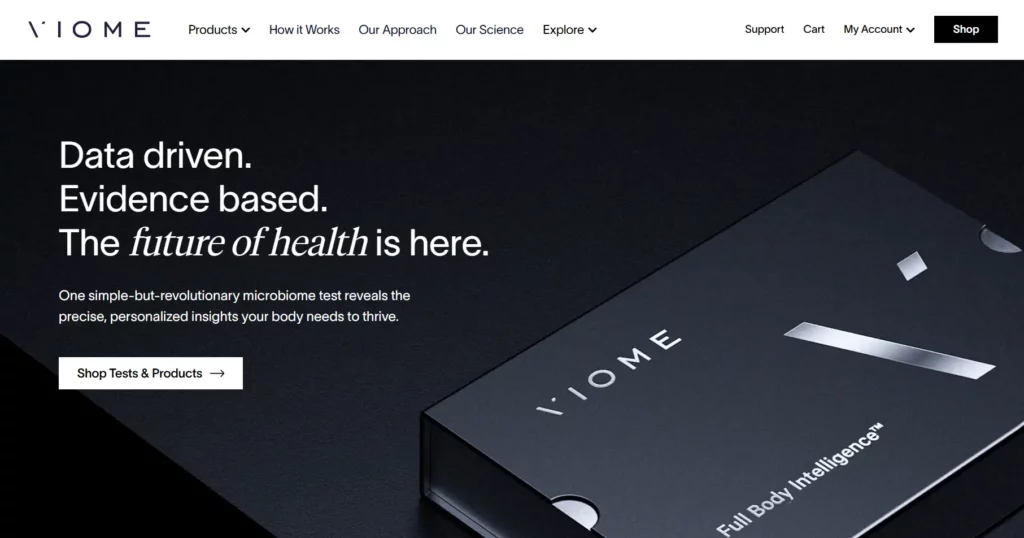 A glimpse of Viome's home page, with links to learn more and shop.