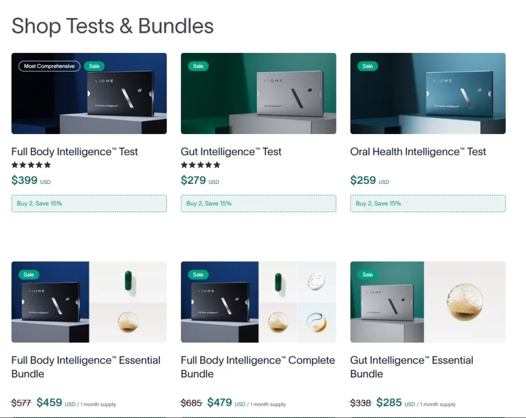 A snippet of Viome's shop page where they offer some tests and bundles.