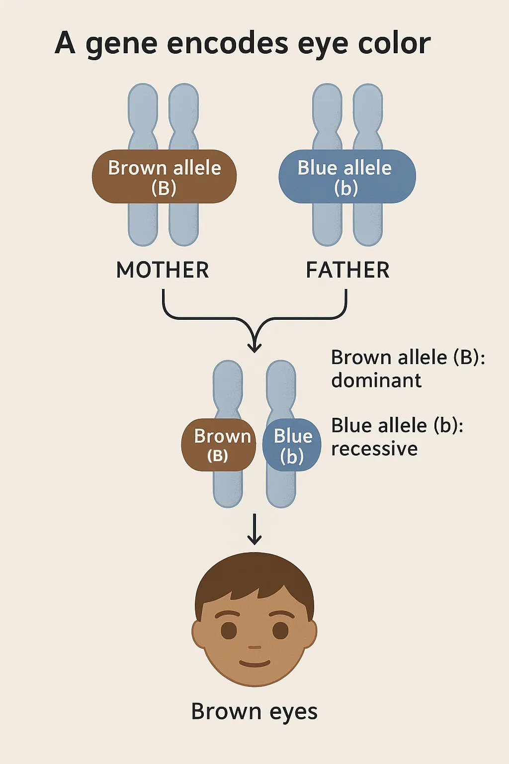 An infographic showing how eye color is inherited in a dominant manner, favoring brown eyes over blue eyes.
