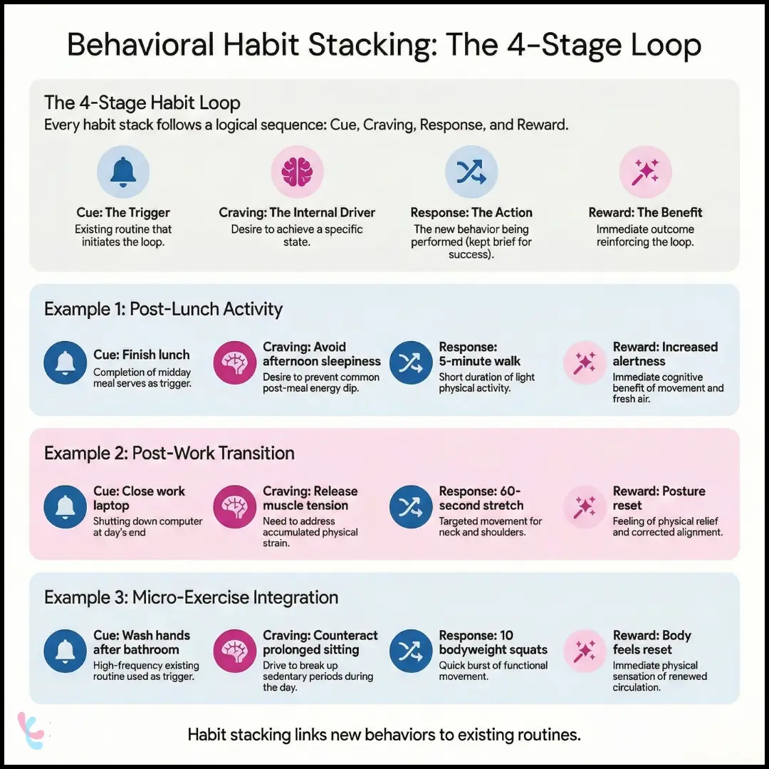 Infographic titled “Behavioral Habit Stacking: The 4-Stage Loop” explaining the habit loop framework with four stages: Cue (trigger), Craving (internal driver), Response (action), and Reward (benefit). It includes three examples displayed in horizontal panels with icons:
Post-lunch activity – finish lunch → avoid afternoon sleepiness → 5-minute walk → increased alertness.
Post-work transition – close laptop → release muscle tension → 60-second stretch → posture reset.
Micro-exercise integration – wash hands after bathroom → counteract prolonged sitting → 10 bodyweight squats → body feels reset.