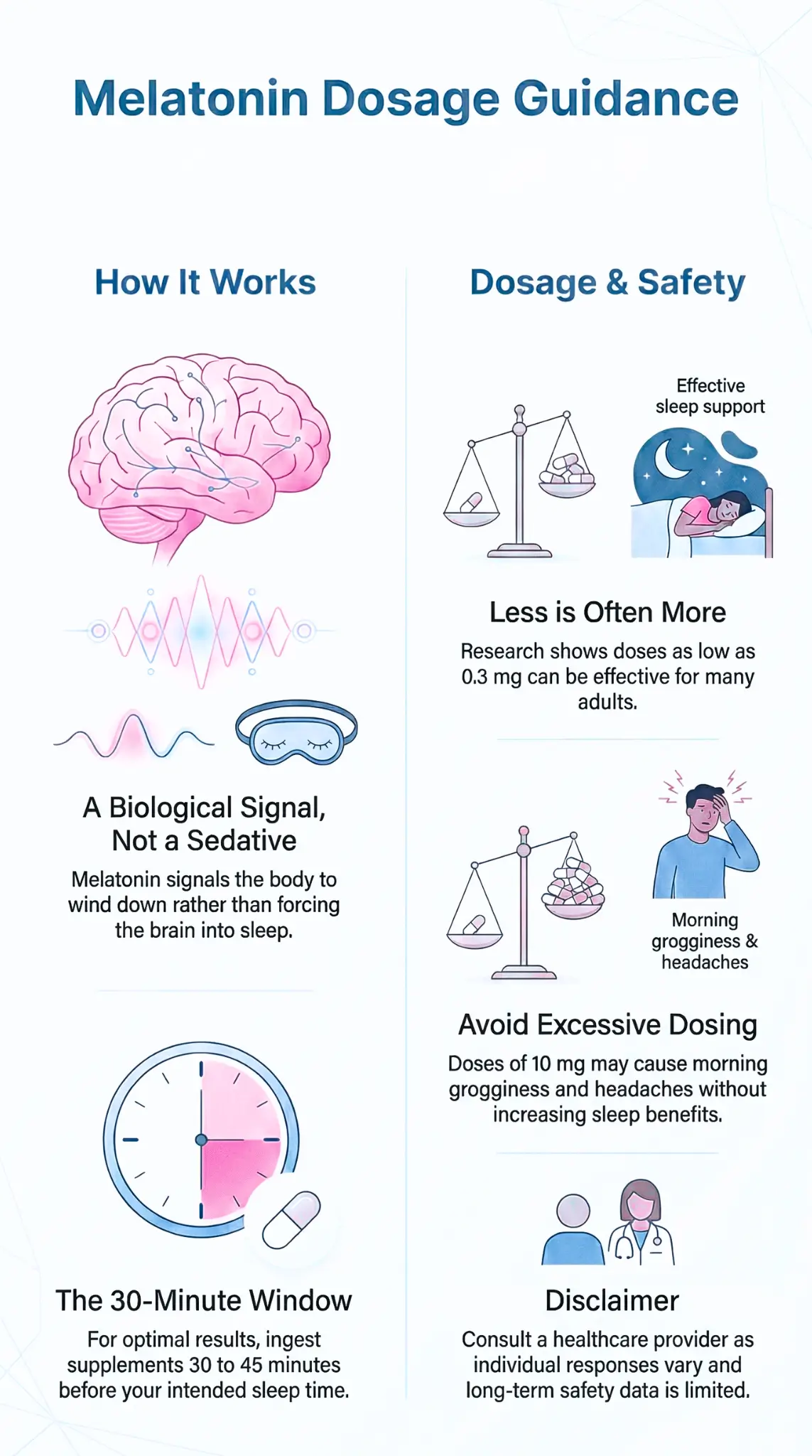 Infographic providing melatonin dosage guidance and safety information. It explains that melatonin acts as a biological signal to support the body’s natural sleep–wake cycle rather than as a sedative. The graphic notes that lower doses can be effective for many adults, highlights the potential side effects of excessive dosing such as morning grogginess and headaches, and recommends taking melatonin about 30 to 45 minutes before bedtime. A disclaimer advises consulting a healthcare professional due to individual variability and limited long-term safety data.