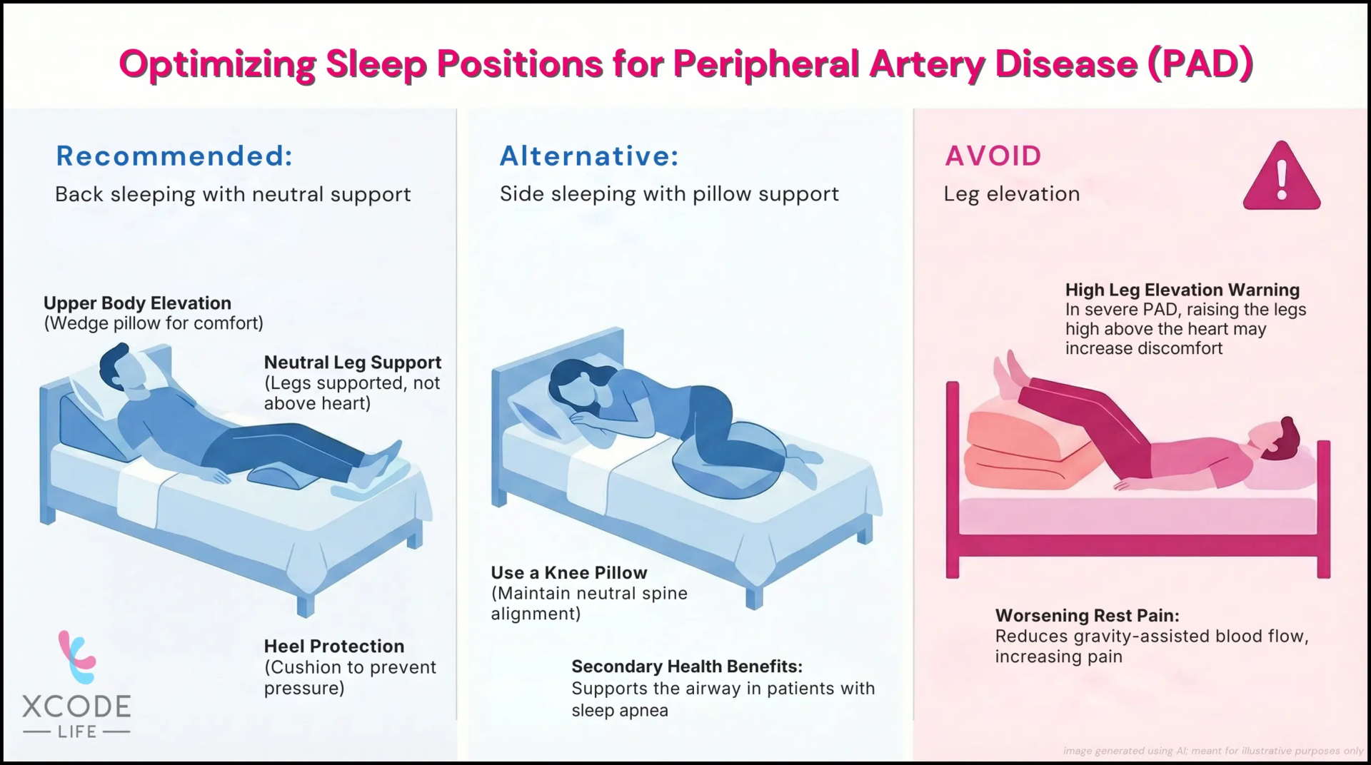 Infographic titled “Optimizing Sleep Positions for Peripheral Artery Disease (PAD)” showing three panels. The first panel illustrates back sleeping with slight upper-body elevation, neutral leg support, and heel cushioning. The second panel shows side sleeping with a pillow between the knees for spine alignment. The third panel cautions against high leg elevation above heart level in severe PAD, noting it may increase rest pain. Xcode Life logo appears at the bottom.